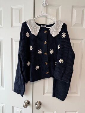 Polagram Navy Knit Cardigan with White Eyelet Collar & Daisy Appliqués
